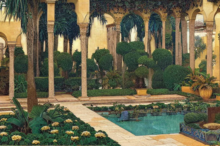 Image similar to painting of a beautiful moorish palace courtyard garden, by maxfield parrish and evelyn de morgan and waterhouse and dante rossetti, patterned tilework, palm trees, tiled fountains, extremely detailed, cinematic lighting, smooth sharp focus