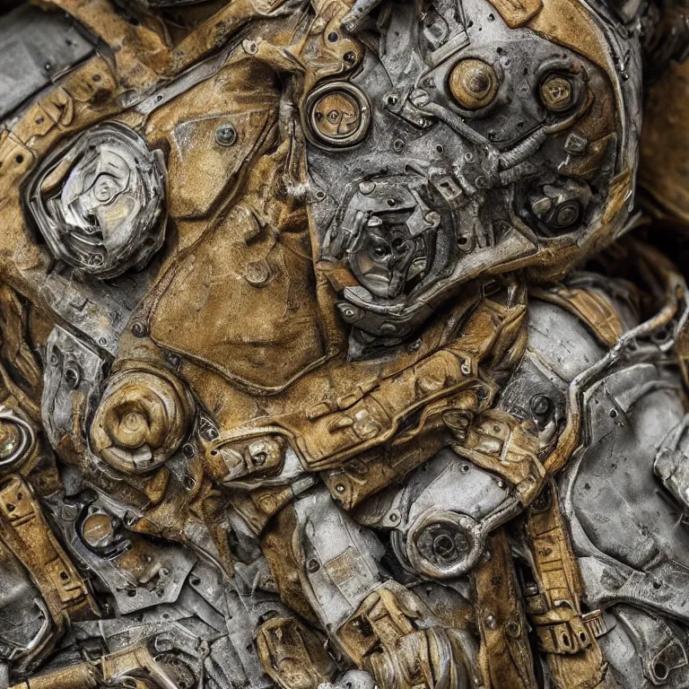 Prompt: photo taken of an epic intricate, ultra detailed, super realistic gritty, hero prop, exquisitely weathered armoured hazardsuit movie props, created by weta workshop, zoomed in shots, photorealistic, sharp focus, white wall, cold colour temperture, golden ratio