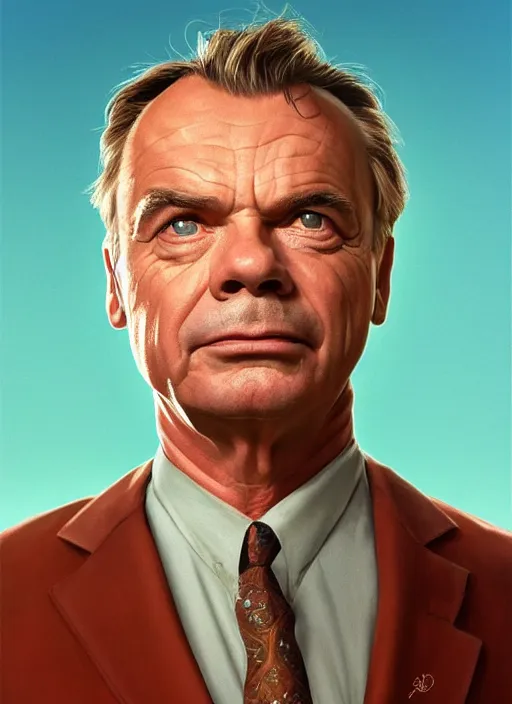 Image similar to portrait of Sam Neill from In The Mouth of Madness (1994), highly detailed, centered, solid color background, digital painting, artstation, concept art, smooth, sharp focus, illustration, Basil Gogos, Joseph Christian Leyendecker, Les Edwards, Ed Repka, WLOP, Artgerm
