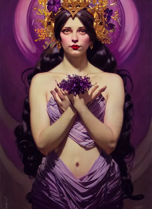 Image similar to leyendecker, brom, lovely tiger queen, portrait, long hair, crown, flowerpunk, crystal coated dark dark violet flowers, by greg rutkowski, anato finnstark, alphonse mucha, global illumination, radiant light