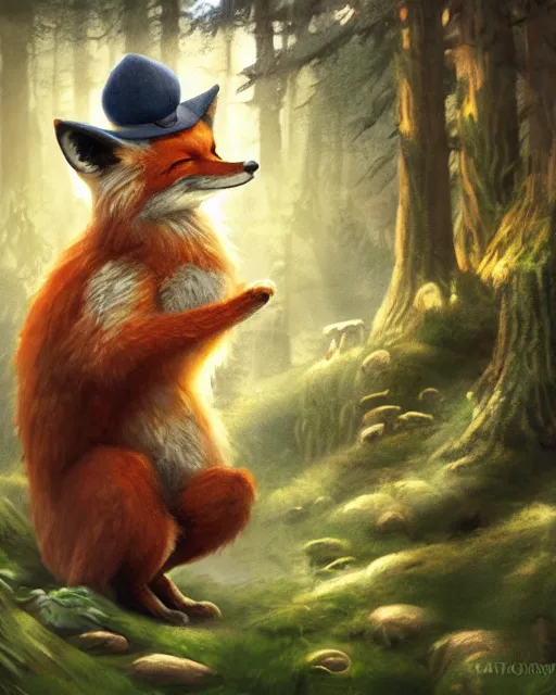 Image similar to Fox, Anthropomorphized, singing in forest, portrait, wearing hat, magical notes, fairy atmosphere, magic the gathering artwork, D&D, fantasy, cinematic lighting, centered, symmetrical, highly detailed, digital painting, artstation, concept art, smooth, sharp focus, illustration, volumetric lighting, epic Composition, 8k, art by Akihiko Yoshida and Greg Rutkowski and Craig Mullins, oil painting, cgsociety