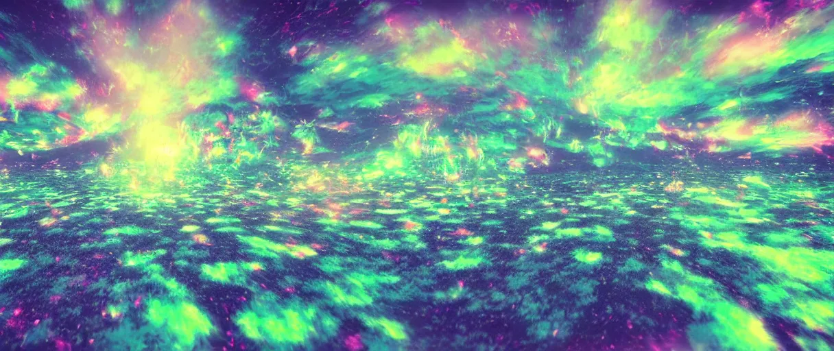 Image similar to dream landscape, simulation, glitch art, flocking particles, volumetric object, physical particles, translucence, cinematic lighting, iridescence, by ash thorpe