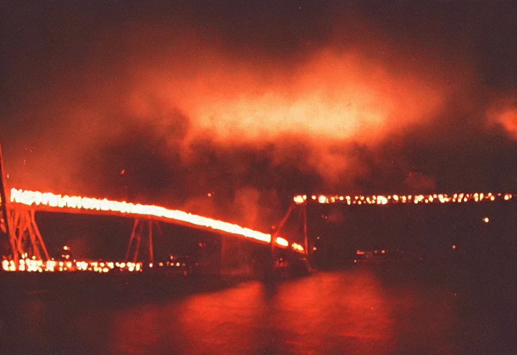 Image similar to lomo photo of a large burning bridge, cinestill, bokeh, out of focus, night, dramatic lighting