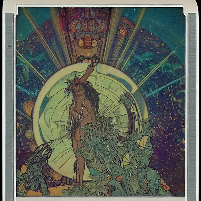 Image similar to polaroid of a vintage record cover by Franklin Booth showing a portrait of Lee Perry as a futuristic space shaman, Alphonse Mucha background, psychedelic art, star map, smoke, sciFi