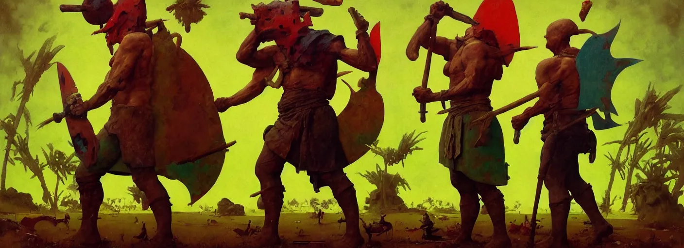 Image similar to full - body portrait surreal colorful clay fighting artstation rpg barbarian character concept art anatomy, action pose, very coherent and colorful high contrast masterpiece by norman rockwell franz sedlacek hieronymus bosch dean ellis simon stalenhag rene magritte gediminas pranckevicius, dark shadows, sunny day, hard lighting, reference sheet white! background