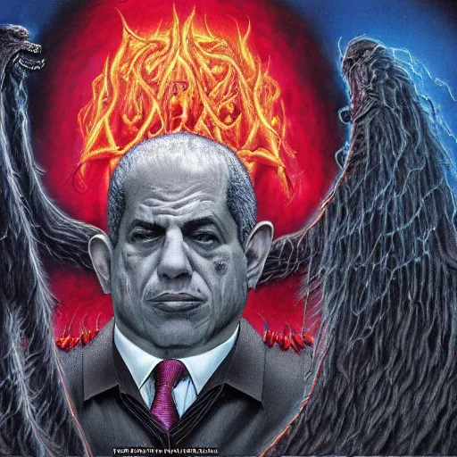 Image similar to a death metal album cover art depicting benjamin netanyahu as a hellish overlord, by wayne barlowe