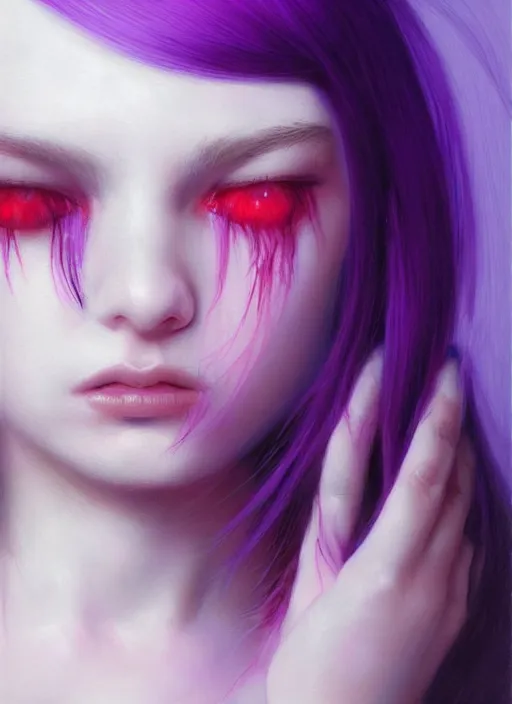 Image similar to hair whitebangs hair, black hair, whitebangs, portrait of teenage girl with white bangs, red irises, purple clothes, white bangs, bangs are different color from hair, intricate, elegant, glowing lights, highly detailed, digital painting, artstation, concept art, smooth, sharp focus, illustration, art by wlop, mars ravelo and greg rutkowski