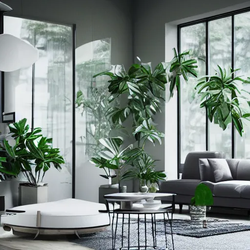 Image similar to a modern indoor room clean architecture, a couch, a couch table, some plants, daylight, peaceful, 8K octane render