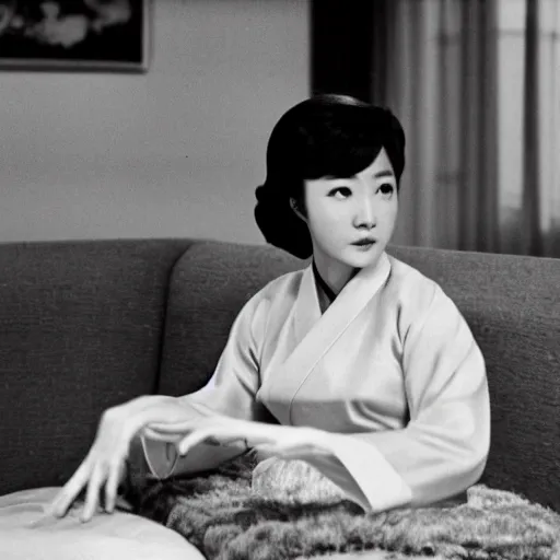 Image similar to The 1960s actress Choi Eun-Hee in a hanbok sitting on a couch, ultrawide 14mm shot, the room is dimly-lit and a starfish arm reaches through the window, minimal cinematography by Akira Kurosawa, movie filmstill, 1950s film noir, thriller by Kim Jong-il and Shin Sang-ok, monster horror movie