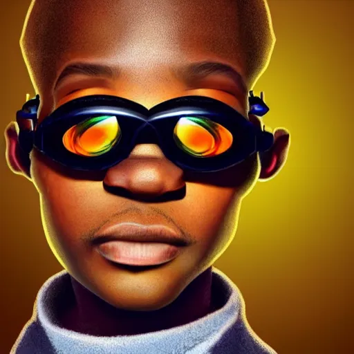 Image similar to colourful vfx upper half - portrait - art of a nigerian boy wearing steam punk goggles, art by stanley artgem lau & tenmyouya hisashi, digital render, digital illustration, concept art, caricature, volumetric light, ray tracing, symmetrical, unreal engine, octane 3 d render, sharp, detailed, intricate detail, pinterest, behance, art station,