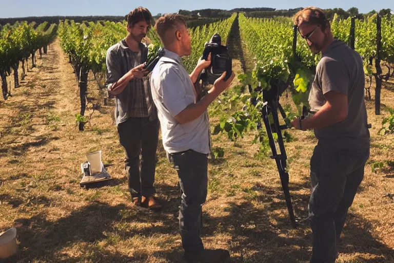 Prompt: cinematography plein air painters in a vineyard in France by Emmanuel Lubezki