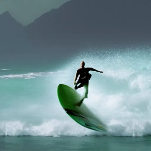 Image similar to stunning awe inspiring yoda surfing, movie still 8 k hdr atmospheric lighting