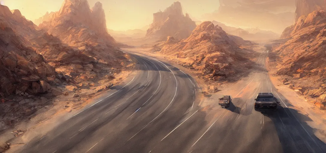 Image similar to a desolate highway in the middle of the nevada desert, drawn by artgerm and greg rutkowski, establishing shot, opening film shot, video game cinematic, highly detailed, digital painting, concept art, movie poster art, cinematic framing, cinematic lighting, illustration, trending on artstation