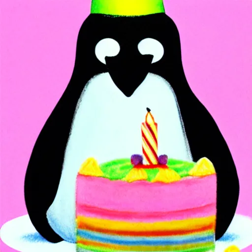 Image similar to a penguin with a birthday cake and a party hat, a pastel by may de montravel edwardes, pixabay contest winner, dau - al - set, contest winner, creative commons attribution, stockphoto