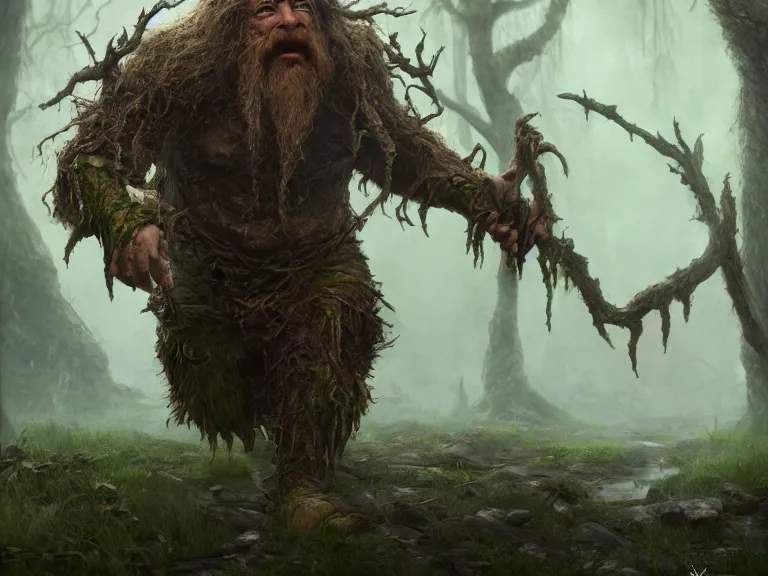 Prompt: Scared High Fantasy Dwarf Druid running through Haunted Swamp, RPG Portrait Reference, Oil Painting, Trending on Artstation, octane render, Insanely Detailed, 8k, HD