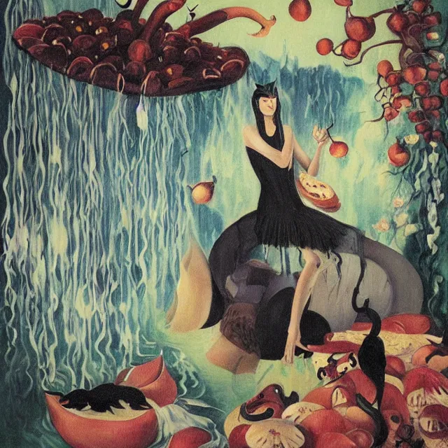 Image similar to tall female catgirl artist holding pizza in her flooded apartment, pomegranates, octopus, water gushing from ceiling, painting of flood waters inside an artist's apartment, a river flooding indoors, mushrooms, ikebana, zen, rapids, waterfall, black swans, canoe, berries, acrylic on canvas, surrealist, by magritte and monet