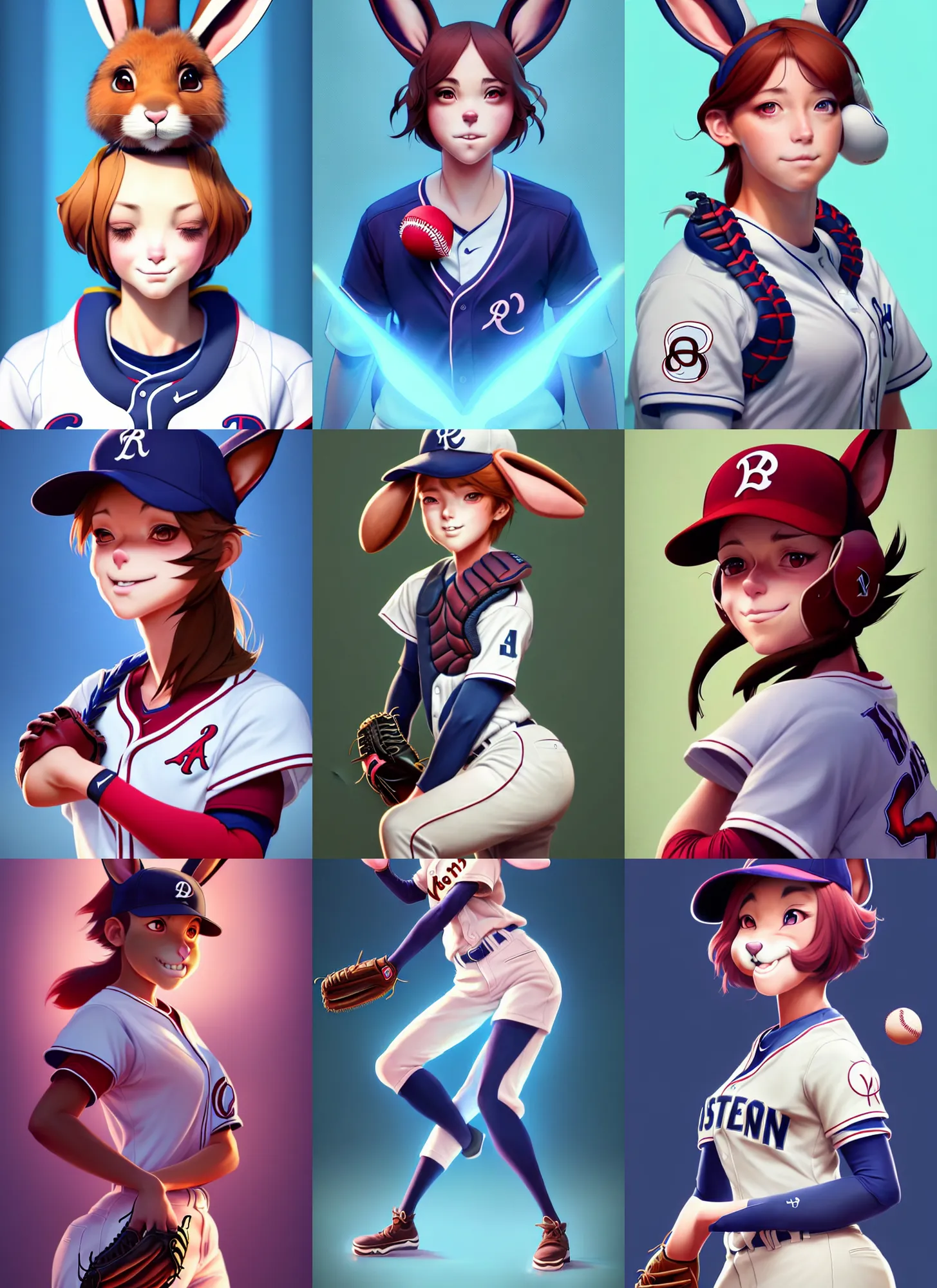 Prompt: beautiful portrait of a female anthropomorphic rabbit fursona baseball player. character design by disney, charlie bowater, ross tran, artgerm, and makoto shinkai, detailed, soft lighting, rendered in octane