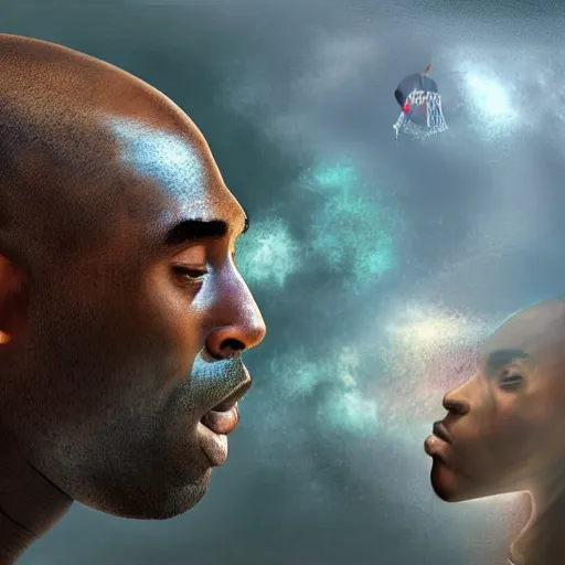 Image similar to kobe bryant kissing with a giant turtle in heaven, hyper realistic, cinematic, side view, digital art, amazing detail, artstatiom, cgsociety, epic art