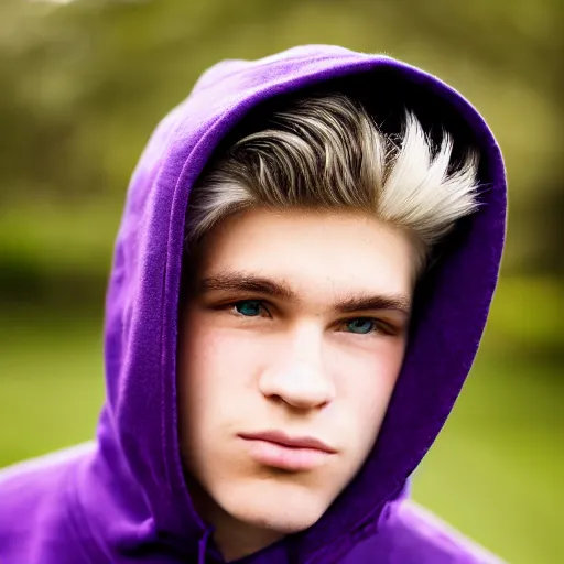 Prompt: close up of face of a 1 8 year old man, with white hair, green eyes, wearing a purple hoodie, lazy, 8 5 mm f / 1. 4