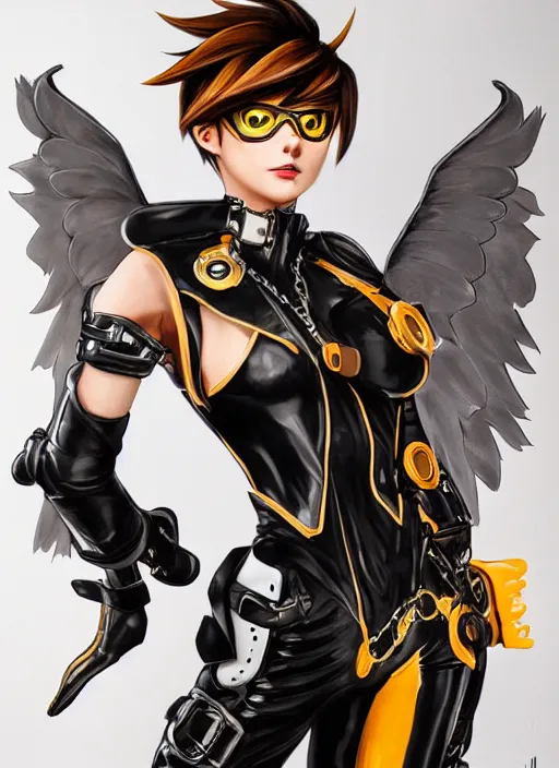 Prompt: full body artwork of tracer overwatch, wearing black latex outfit, in style of mark arian, angel wings, dramatic painting, wearing detailed leather collar with chain, black shiny armor, chains, black harness, detailed face and eyes,