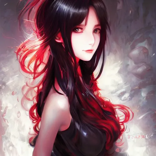 Prompt: Semi realistic anime illustration of black haired long hair woman, with beautiful hyperdetailed red eyes, front facing shot, full face portrait made by Stanley Artgerm, WLOP, Rossdraws, James Jean Andrei Riabovitchev, Marc Simonetti, Yoshitaka Amano, Artstation