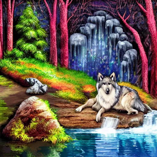 Image similar to Wolf sitting on rock in forest landscape with waterfall over pond, whimsical digital painting in the style of jacqueline wall