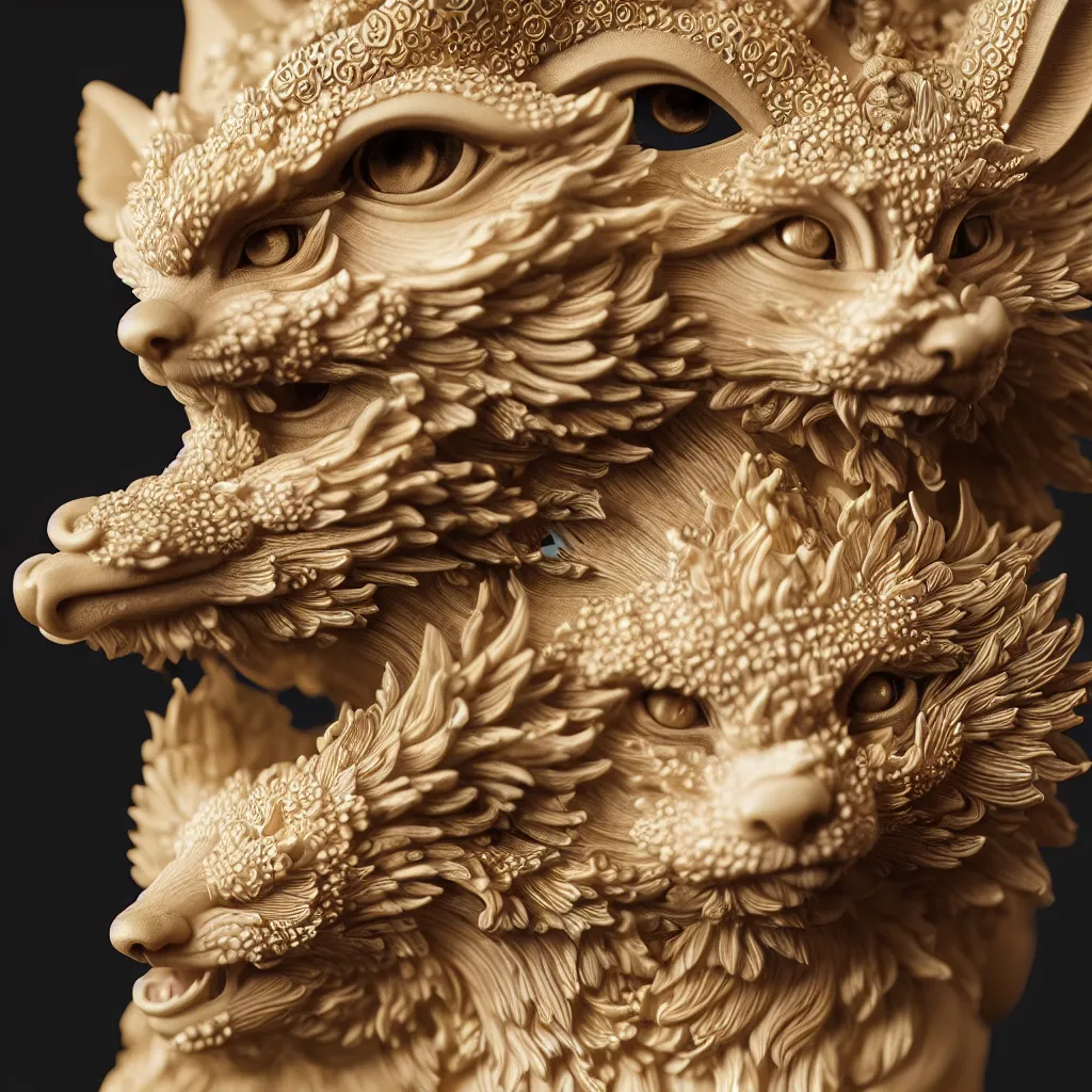 Prompt: a closeup photo - real delicate ceramic porcelain sculpture of an ornate detailed kitsune in front of a intricate background by davinci, micro detail, backlit lighting, subsurface scattering, translucent, thin porcelain, octane renderer, colorful, physically based rendering, trending on cgsociety