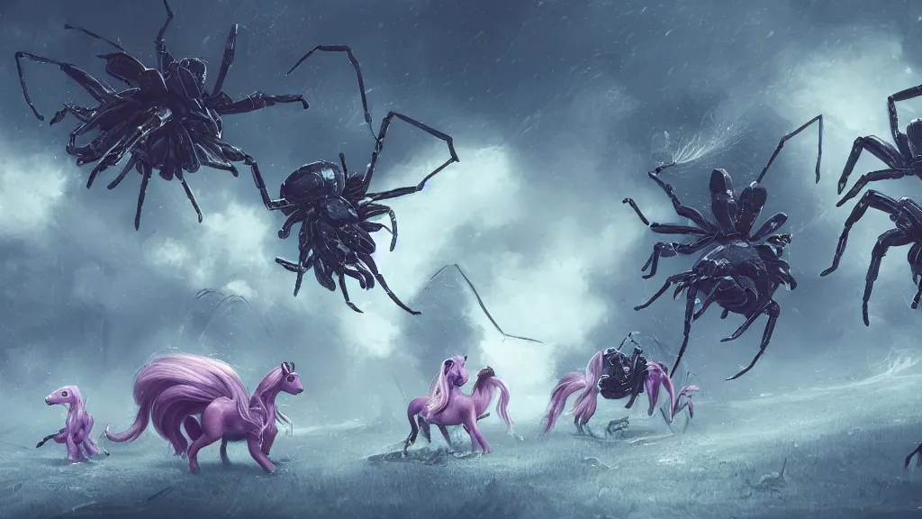 Prompt: my little ponies as giant spiders. andreas achenbach, artgerm, mikko lagerstedt, zack snyder 3 8 4 0 x 2 1 6 0