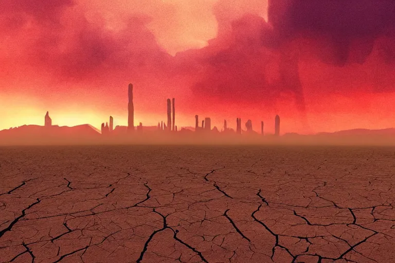 Image similar to very dry ground, desert, cracked, big tower in the background, red sky, fire in the background, artstation, award - winning, ethereal, dreamy