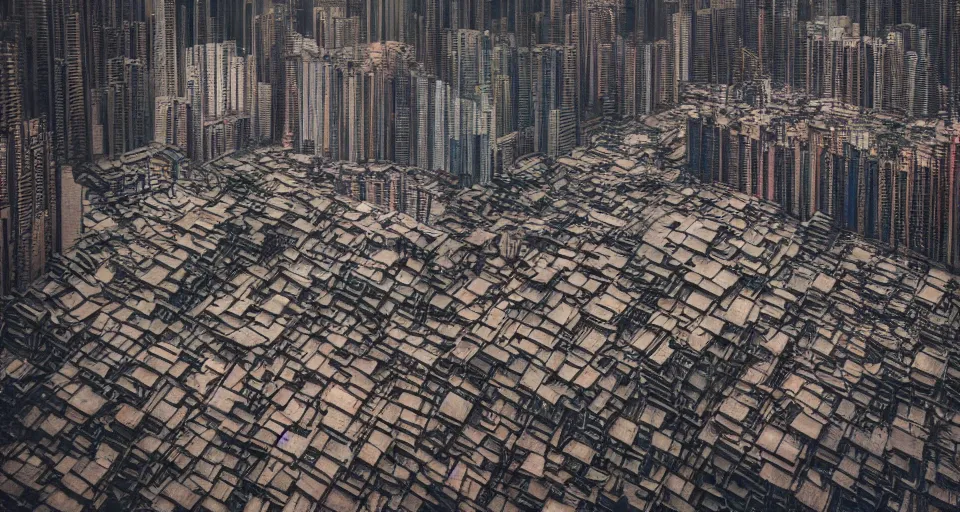 Prompt: Professional Photography, Kowloon walled city as space colony in cyberpunk style