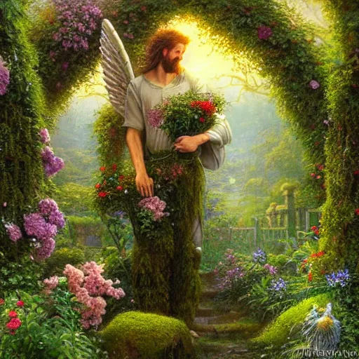 Image similar to a majestic male garden angel with a beard made of moss, he is clothed in vines and flowers standing in front of a beautiful cottage, an oil painting by ross tran and thomas kincade