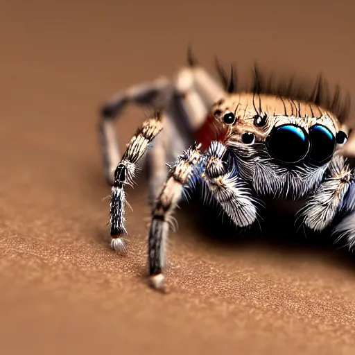 Prompt: a jumping spider using a tiny laptop, by pixar, macro lens, iridescent