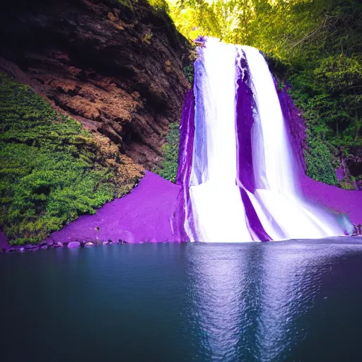 Prompt: photo of a purple fjord waterfall