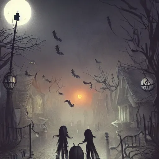 Image similar to a creepy and eery Halloween setting, with Jack o lanterns on the street and shadow figures lurking about, dynamic lighting, photorealistic fantasy concept art, stunning visuals, creative, cinematic, ultra detailed, trending on art station, spooky vibe