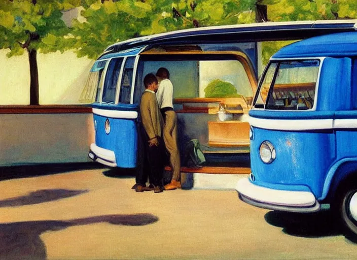 Prompt: painting, two young men and women near blue vw bus, by edward hopper, bernardo bertolucci dreamers movie scene