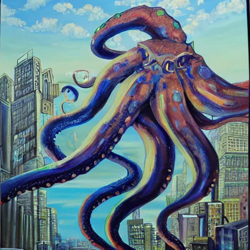 Prompt: oil painting of giant octopus ravaging metropolis