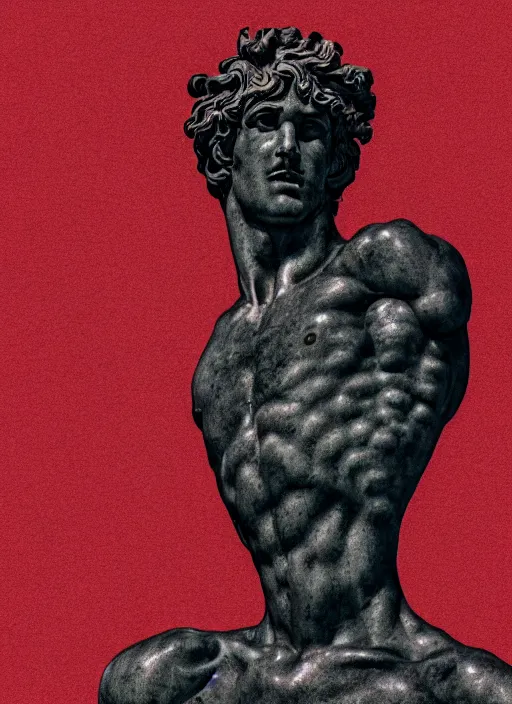 Image similar to black background, grey greco roman statue, thin red lines, gritty, dark, thin lines, vaporwave