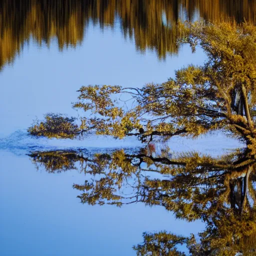 Prompt: a reflection of a tree in still water