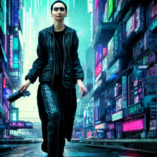 Prompt: Stunning cinematic photograph Gal Godot is the cyberpunk woman in Neuromancer Molly Millions in Chiba City, highly detailed, promotional photo by Warner Bros