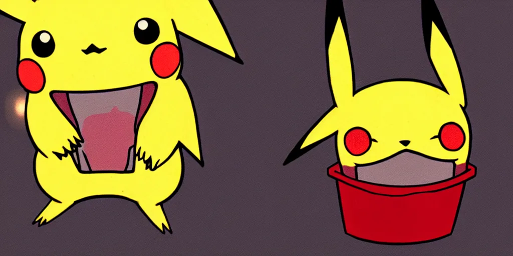 Image similar to pikachu devouring a dog sharp teeth burtal eyes scary mouth dark room red candles trash bin