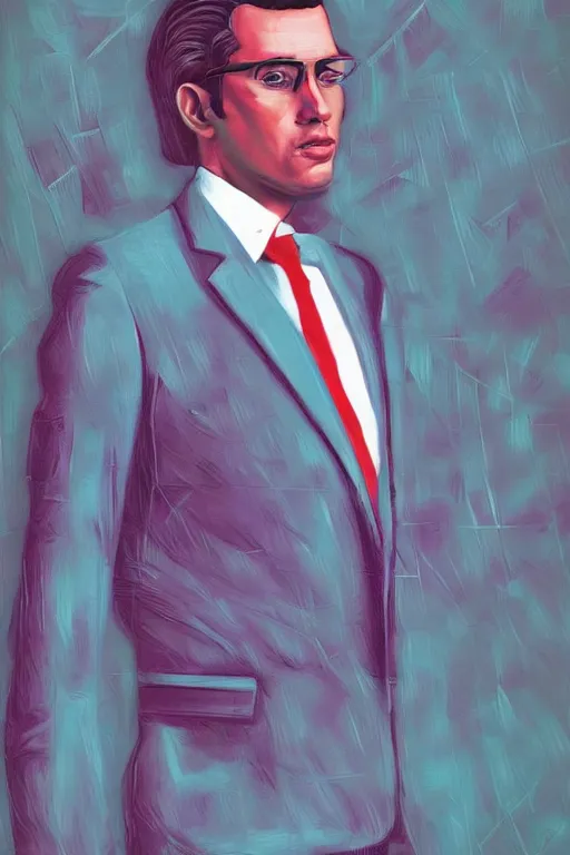 Prompt: a painting of a man wearing a suit and tie, a digital painting by Vladimir Tretchikoff, trending on Artstation, computer art, anaglyph filter, anaglyph effect, vaporwave