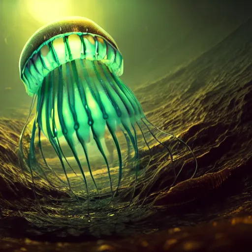 Image similar to a beautiful extreme wide photograph of an evil terrifying jellyfish monster with huge eyes and sharp teeth in a wide open mouth, highly detailed, smooth, very very clean, 8 k, cinematic movie photograph, cinematic lighting, octane render, zbrush central contest winner, 3 d maya render