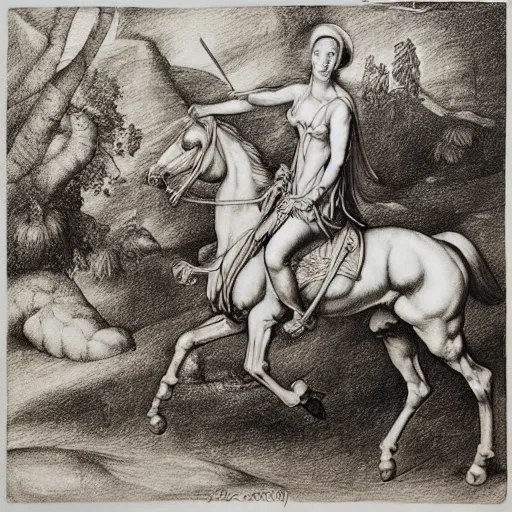 Prompt: “8k pencil drawing of Diana huntress in beautiful forest, Horses in run, intricate in style of Michelangelo and Rubens and Albrecht Durer, hand made paper” - H 768