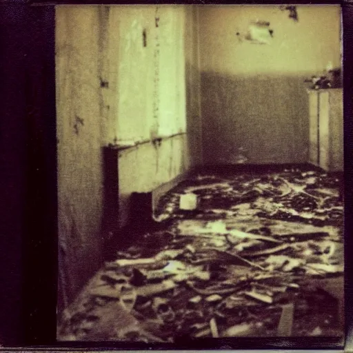 Image similar to grainy polaroid photos of a dark grungy abandoned room with debris on floor with three dark shadowy human figures lit by camera flash