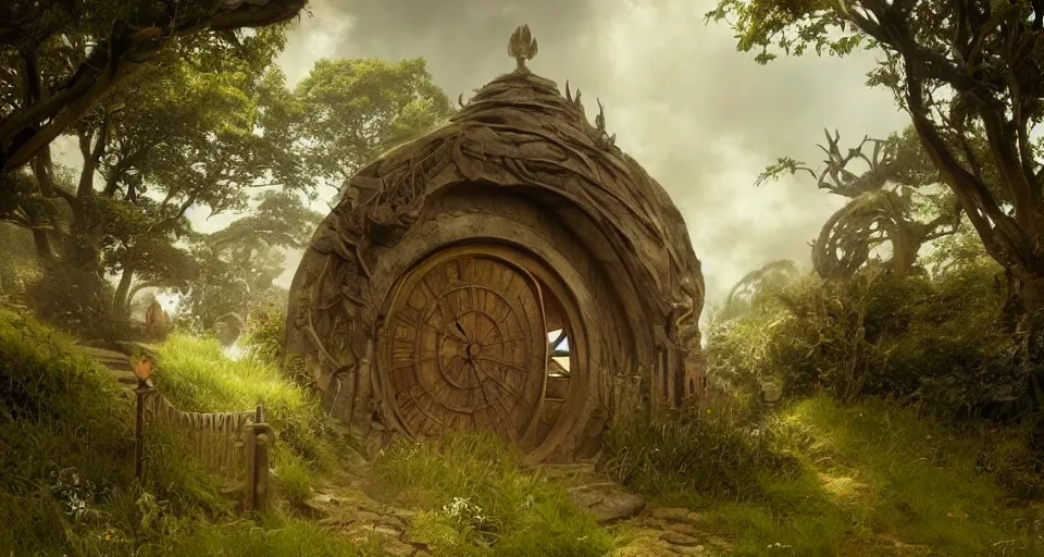 Prompt: the shire, hobbiton, lord of the rings, hobbit circle doors, intricate, elegant, highly detailed, greg rutkowski, dishonored 2, bioshock, scifi, john park, frazetta, john howe, ruan jia, jeffrey catherine jones