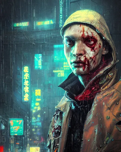 Image similar to detailed portrait, zombie, rain, cyberpunk futuristic neon, reflective puffy coat, decorated with traditional japanese ornaments by ismail inceoglu dragan bibin hans thoma greg rutkowski alexandros pyromallis nekro rene maritte illustrated, perfect face, fine details, realistic shaded, fine - face, pretty face