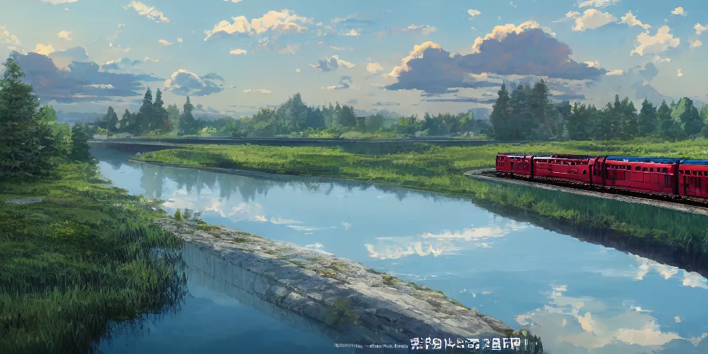 Image similar to a soviet suburban train moving on top of a lake, ultra high quality, 4 k, by miyazaki and makoto shinkai, anime screenshot, colorful, artstation, pixiv,