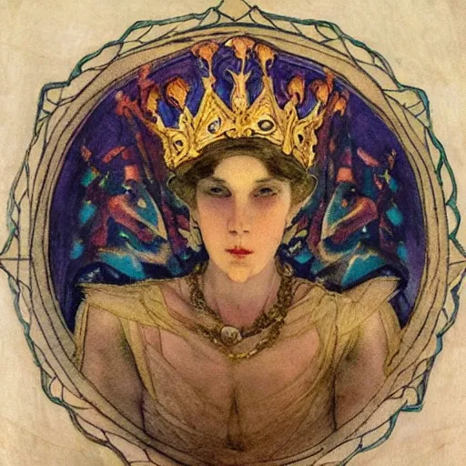 Image similar to the lantern crown, by Annie Swynnerton!!!! and Nicholas Roerich and (Edmund Dulac), embroidered brocade, tattoos, elaborate costume, geometric ornament, symbolist, rich colors, dramatic lighting, smooth, sharp focus, extremely detailed