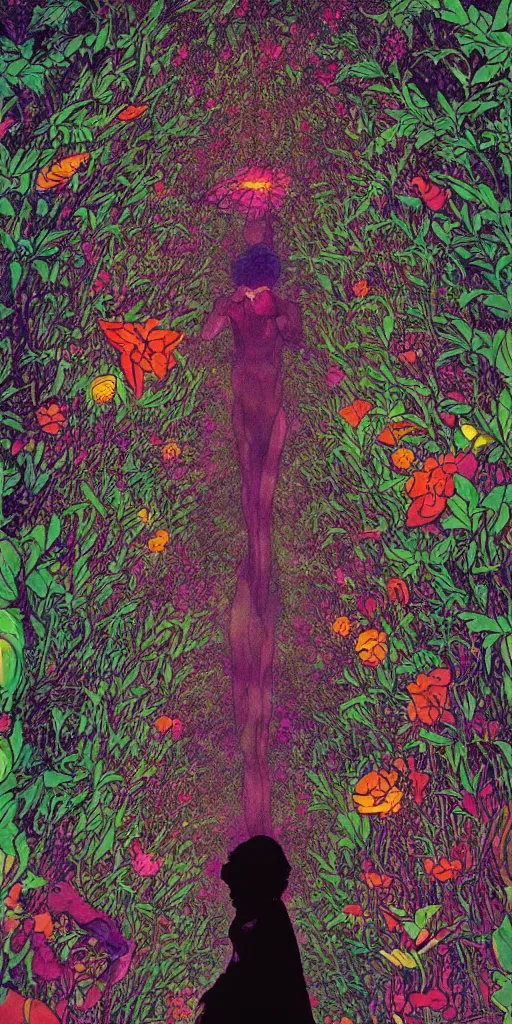 Image similar to A beautiful composition of a psychedelic glowing spirit animal psychonaut floating above a hedge maze, DMT, rich details full of texture, realistic eyes, artwork by Satoshi Kon and Yoshitaka Amano and Moebius