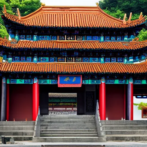 Prompt: ancient Chinese temple next to modern skyscraper